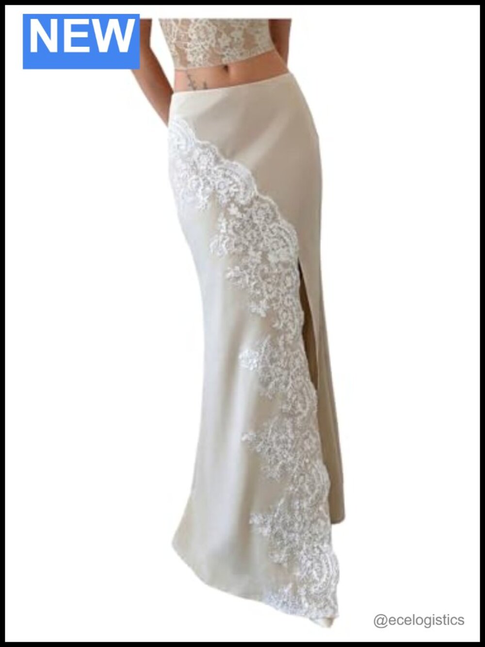 Lace Embroidered Satin Fishtail Maxi Skirt Low Rise Slit Hem